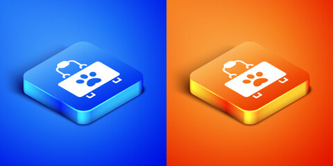 Isometric Pet first aid kit icon isolated on blue and orange background. Dog or cat paw print. Clinic box. Square button. Vector