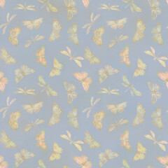 Abstract watercolor pattern. butterflies and dragonflies, seamless background for design, print, wallpaper, wrapping paper.
