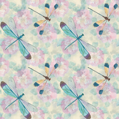 Unique seamless texture. For printing on packaging, textiles, paper, wallpaper, scrapbooking.Dragonfly pattern on floral background for design.