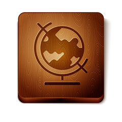 Brown Earth globe icon isolated on white background. Wooden square button. Vector