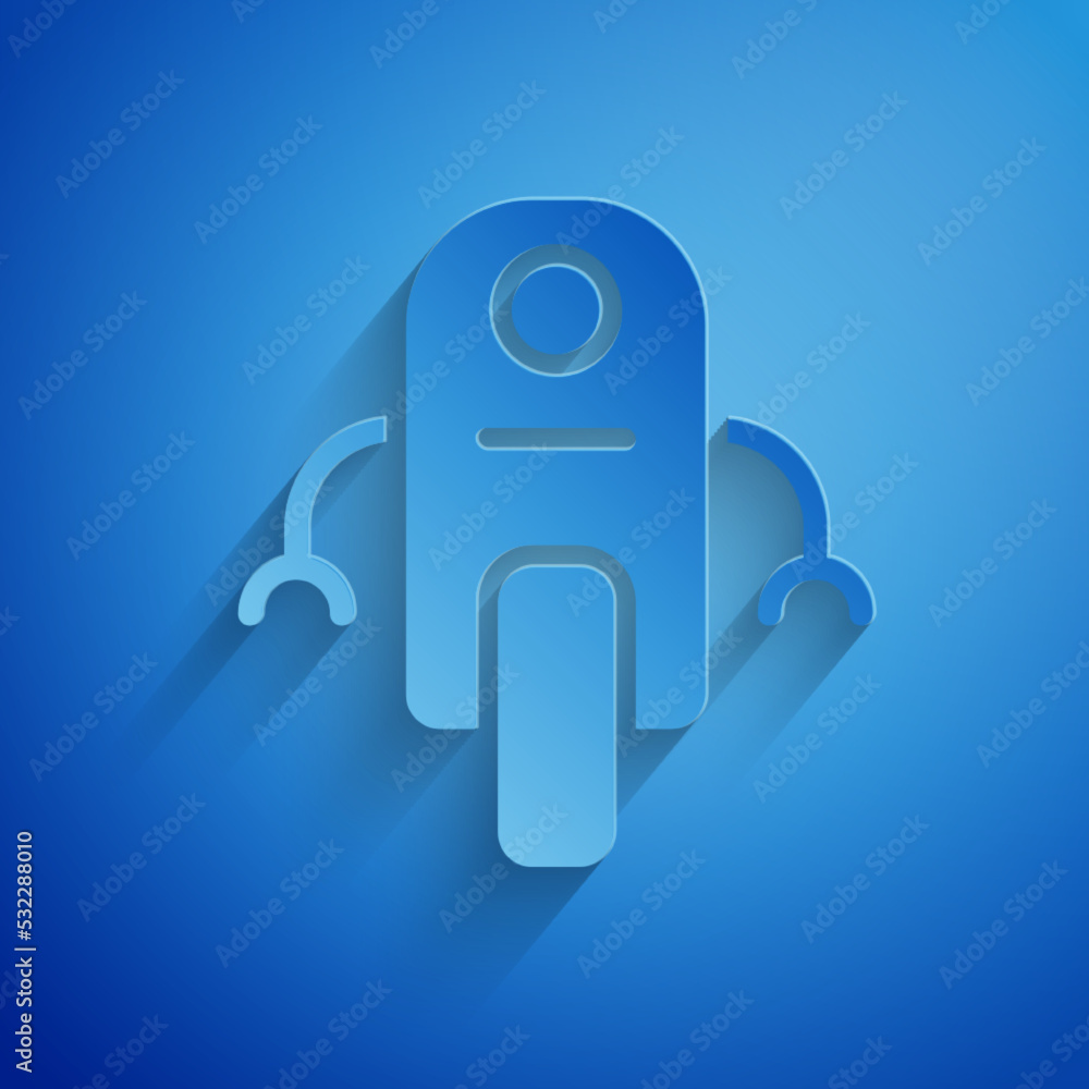 Poster paper cut robot icon isolated on blue background. artificial intelligence, machine learning, cloud c