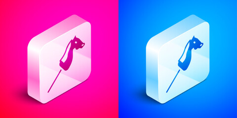 Isometric Toy horse icon isolated on pink and blue background. Silver square button. Vector