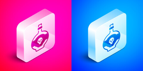 Isometric Poison in bottle icon isolated on pink and blue background. Bottle of poison or poisonous chemical toxin. Silver square button. Vector