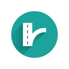 White Road traffic sign. Signpost icon isolated with long shadow background. Pointer symbol. Isolated street information sign. Direction sign. Green circle button. Vector