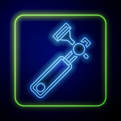 Glowing neon Jewelers lupe for diamond grading with dimond icon isolated on blue background. Vector