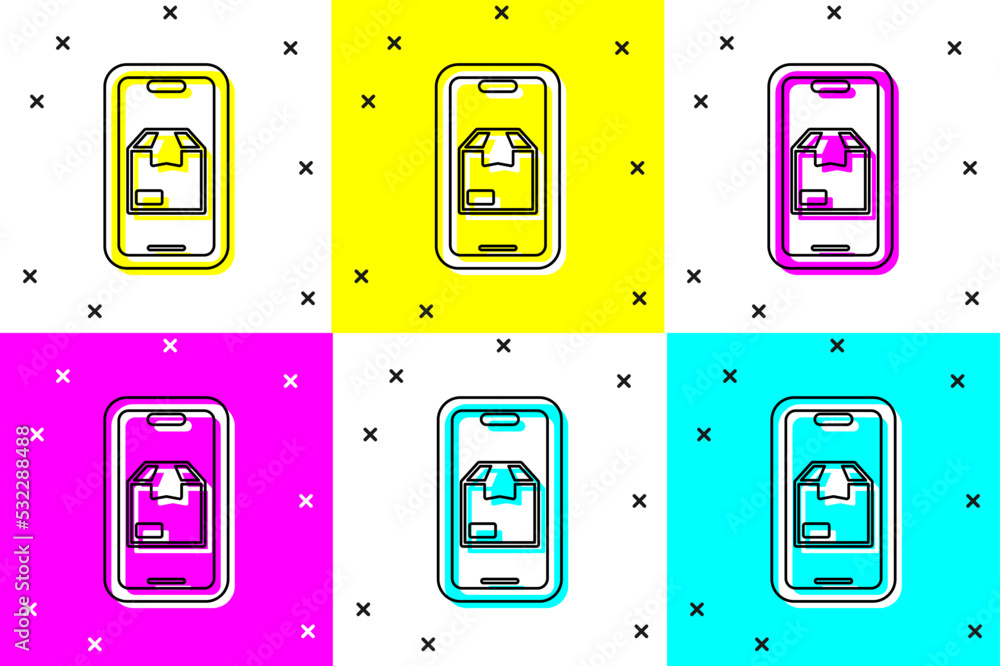 Poster set mobile smart phone with app delivery tracking icon isolated on color background. parcel tracking