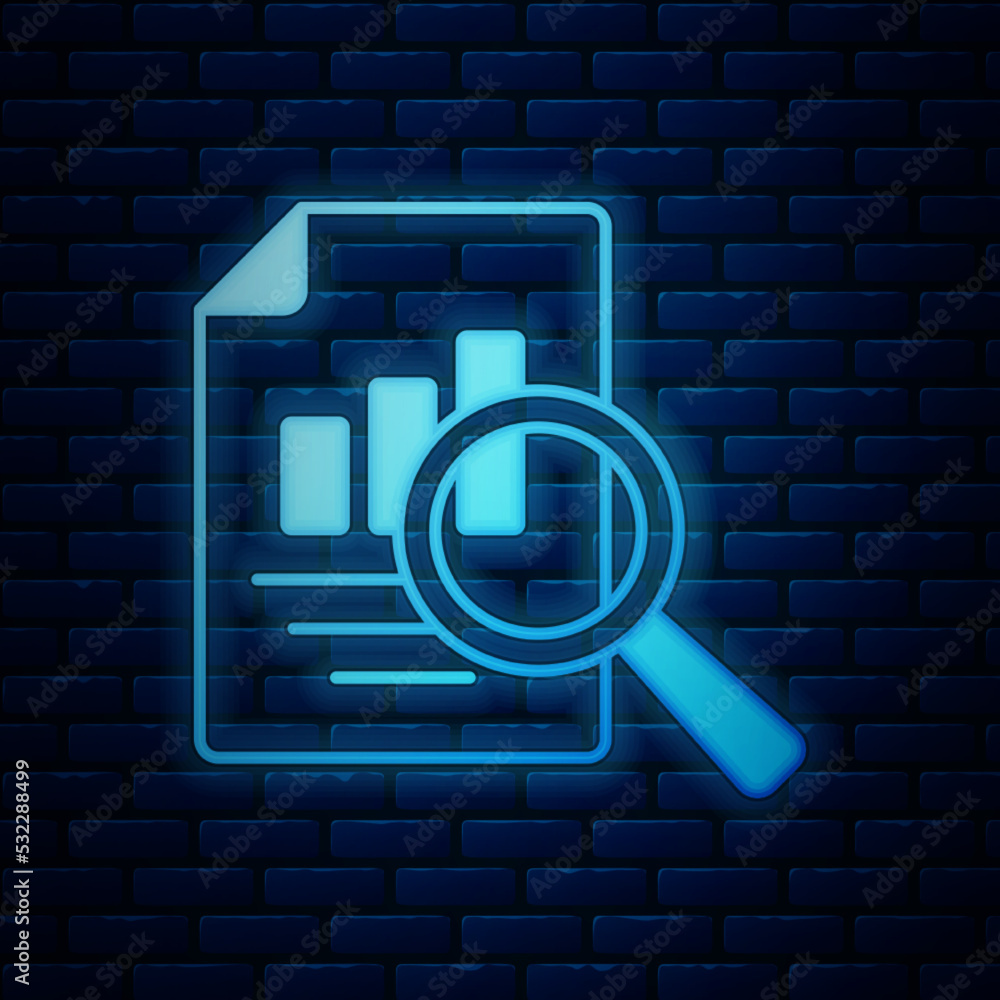 Poster glowing neon document with graph chart icon isolated on brick wall background. report text file icon