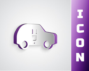 Paper cut Electric car and electrical cable plug charging icon isolated on grey background. Renewable eco technologies. Paper art style. Vector