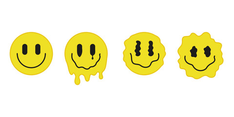 Psychedelic yellow drip melt smiley set. Trippy liquid face with smile. Illusion, surreal creative happy sign. Vector illustration - obrazy, fototapety, plakaty