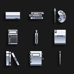 Set Stationery knife, Notebook, Pencil with eraser, Office folders papers and documents, Calculator, Paint brush palette and Chalkboard icon. Vector