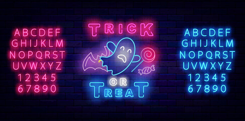 Trick or treat neon signboard. Luminous pink and blue alphabet. Happy Halloween celebration. Vector illustration