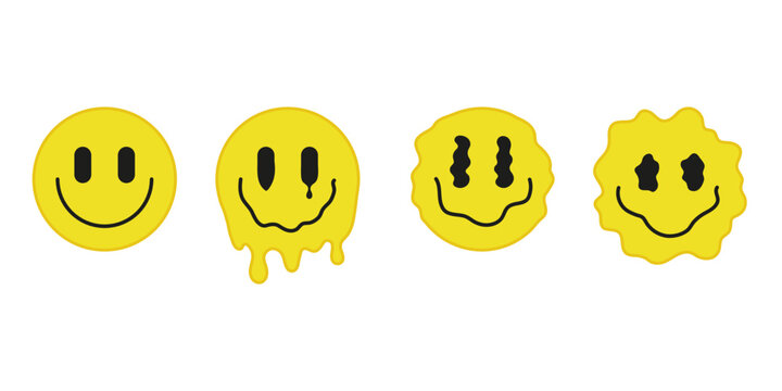 Psychedelic yellow drip melt smiley set. Trippy liquid face with smile. Illusion, surreal creative happy sign. Vector illustration