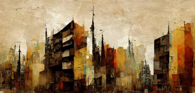 Abstract art painting of buildings - grunge earth tones