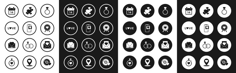 Set Wedding rings, Smartphone with heart speech bubble, Love text, Calendar February 14, Heart the center of darts target aim, Envelope and Laptop icon. Vector