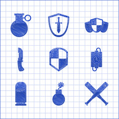 Set Shield, Bomb ready to explode, Crossed baseball bat, dynamite stick and timer clock, Cartridges, Military knife, and Hand grenade icon. Vector