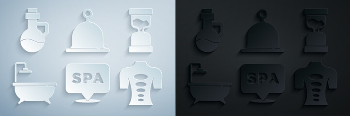Set Spa salon, Old hourglass, Bathtub, Massage stone therapy, Sauna hat and Essential oil bottle icon. Vector