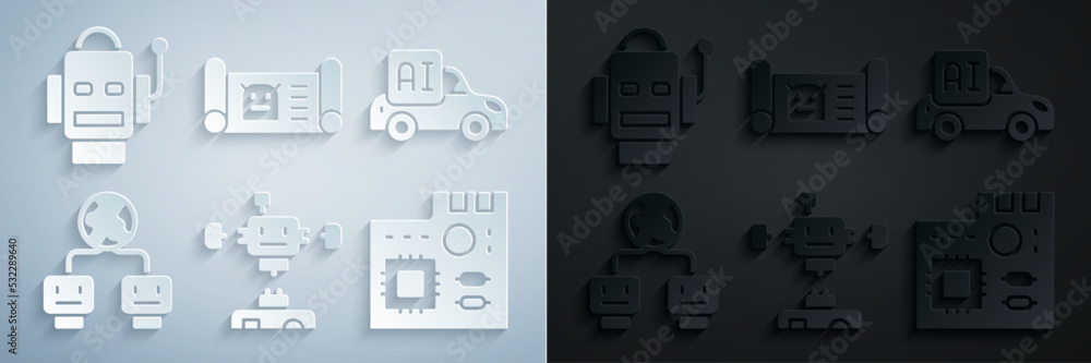 Poster set disassembled robot, autonomous smart car, artificial intelligence, motherboard digital chip, rob
