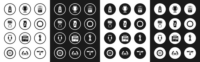 Set Bicycle rental mobile app, Plaster on leg, Action extreme camera, Sunscreen cream in tube, wheel, Award cup with bicycle, Wrench spanner and Mobile holder icon. Vector