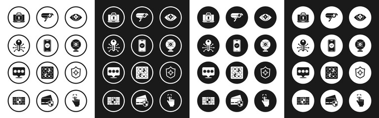 Set Eye scan, Smartphone, key, Laptop and lock, Security camera, Shield and Password protection icon. Vector