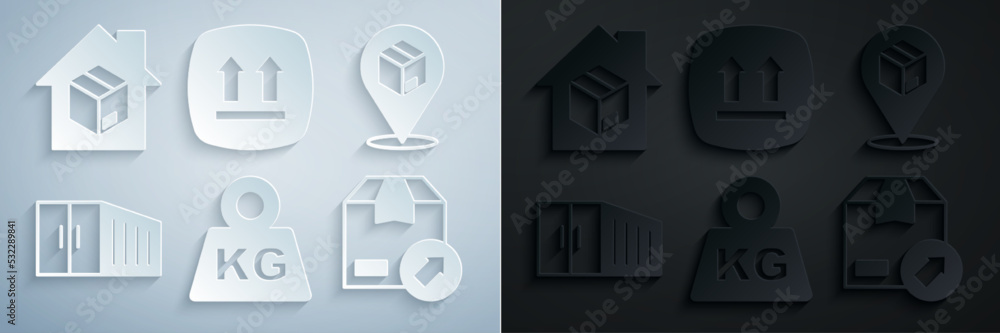 Sticker Set Weight, Location with cardboard box, Container, Carton, This side up and Home delivery services icon. Vector