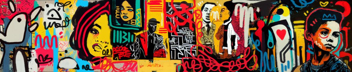 Fresko des Porträts an der Wand Graffiti-Straßenkunst. grunge graffiti bunter und kryptischer text