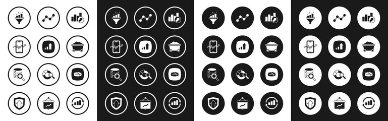 Set Financial growth, Mobile stock trading, Sales funnel with chart, Coal mine trolley, Graph infographic, Pie and Server icon. Vector