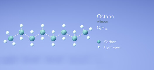 octane, molecular structures, alkane, 3d model, Structural Chemical Formula and Atoms with Color Coding - obrazy, fototapety, plakaty