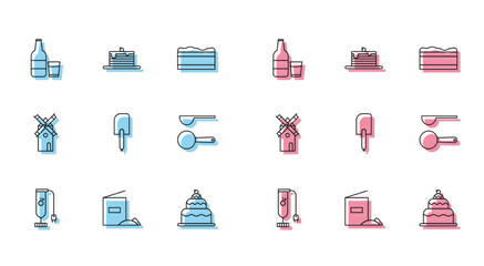 Set line Blender, Flour pack, Glass bottle with milk and glass, Cake, Spatula, Measuring spoon, Windmill and Stack of pancakes icon. Vector