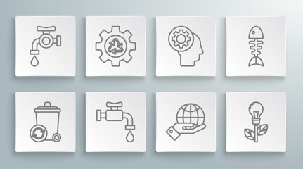 Set line Recycle bin with recycle symbol, and gear, Water tap, Human hands holding Earth globe, Light bulb leaf, head inside, Fish skeleton and icon. Vector