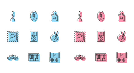 Set line Gamepad, Music synthesizer, Feather and inkwell, Portable video game console, player, Yarn ball with knitting needles, Picture landscape and American Football icon. Vector