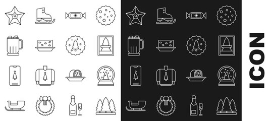 Set line Christmas trees, snow globe, postcard, Candy, Nougat with nuts, Hot chocolate cup marshmallows, star and Cookie or biscuit icon. Vector