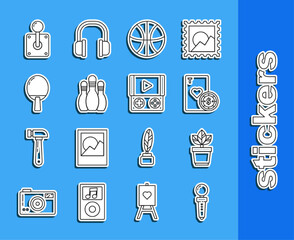 Set line Joystick for arcade machine, Flowers pot, Casino chip and playing cards, Basketball ball, Bowling pin, Racket table tennis, and Portable video game console icon. Vector