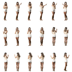 Young woman in pajama shorts using various touch screen gestures from side, front and behind. Set...