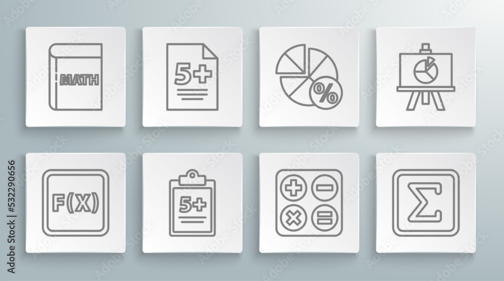 Poster set line equation solution, calculator, mathematics function sine, square root, geometric figure, xy