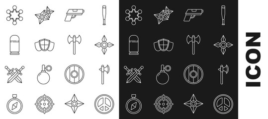 Set line Peace, Medieval axe, Japanese ninja shuriken, Pistol or gun, Shield, Cartridges, Police badge and icon. Vector
