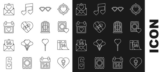 Set line Heart with female gender, Calendar February 14, Condom in package, shaped love glasses, Candy heart box, Envelope Valentine and the bird cage icon. Vector