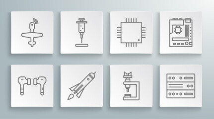 Obraz premium Set line Air headphones, Syringe, Rocket ship with fire, Microscope, Server, Data, Web Hosting, Processor microcircuits CPU, Motherboard and UAV Drone icon. Vector