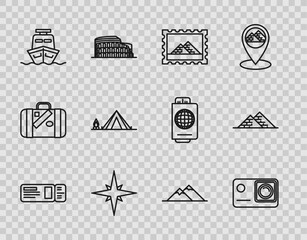 Set line Travel ticket, Action extreme camera, Postal stamp and Egypt pyramids, Wind rose, Ship, Tourist tent with wood fire, Mountains and icon. Vector