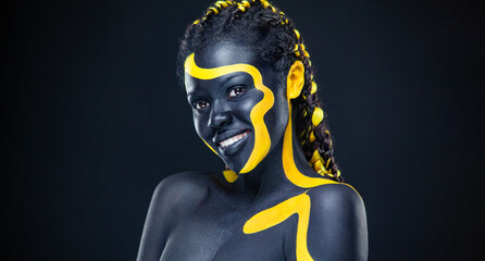 The Art Face. How To Make A Mixtape Cover Design - Download High Resolution Picture with Black and yellow body paint on african woman for your Music Song. Create Album Template with Creative Image.