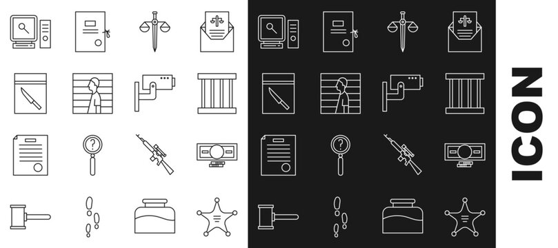 Set line Hexagram sheriff, Stacks paper money cash, Prison window, Scales of justice, Suspect criminal, Evidence bag and knife, Search computer screen and Security camera icon. Vector