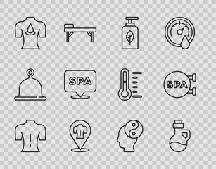 Set line Massage, Essential oil bottle, with aroma oils, Spa salon, Yin Yang and icon. Vector