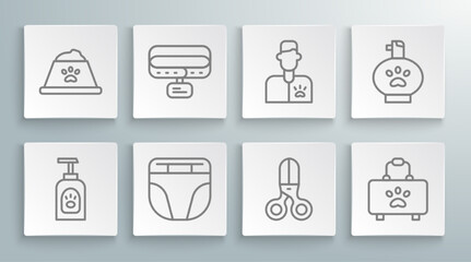 Set line Pet shampoo, Collar with name tag, Diaper for dog, Scissors hairdresser, first aid kit, Veterinarian doctor, and food bowl icon. Vector