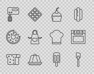 Set line Bread toast, Spatula, Cake, Pudding custard, Electric mixer, Kitchen apron, Ice cream and Oven icon. Vector