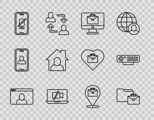 Set line Video chat conference, Online working, camera Off laptop, Mute microphone mobile, and Web icon. Vector