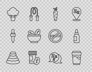 Set line Stack hot stones, Glass with water, Carrot, Vitamin pill, Broccoli, Salad bowl, Sleepy and Essential oil bottle icon. Vector