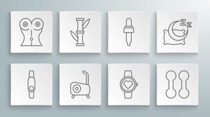 Set line Smartwatch, Bamboo, Stationary bicycle, Dumbbell, Pipette with oil, Time to sleep and Women waist icon. Vector