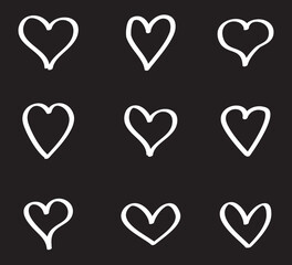 White heart vector set. Love icons isolated on black background. Collection of flat heart symbol for love symbol, icon shape, greeting card and Valentine's day. Vector illustration, graphic design