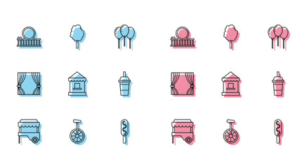 Set line Fast street food cart with awning, Unicycle or one wheel bicycle, Roller coaster, Corn dog, Ticket box office, Paper glass drinking straw and water, Curtain and Cotton candy icon. Vector © Oksana