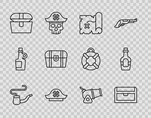 Set line Smoking pipe, Antique treasure chest, Pirate map, hat, Cannon and Alcohol drink Rum icon. Vector