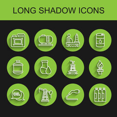 Set line Word oil, Oil pump pump jack, Canister for motor, Electrical cable plug charging, Industrial gas cylinder tank, petrol test tube, rig with fire and icon. Vector